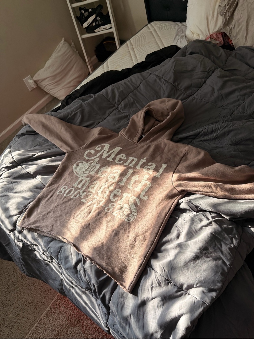 Graphic "Mental Health Matters" Cropped Hoodie in Beige